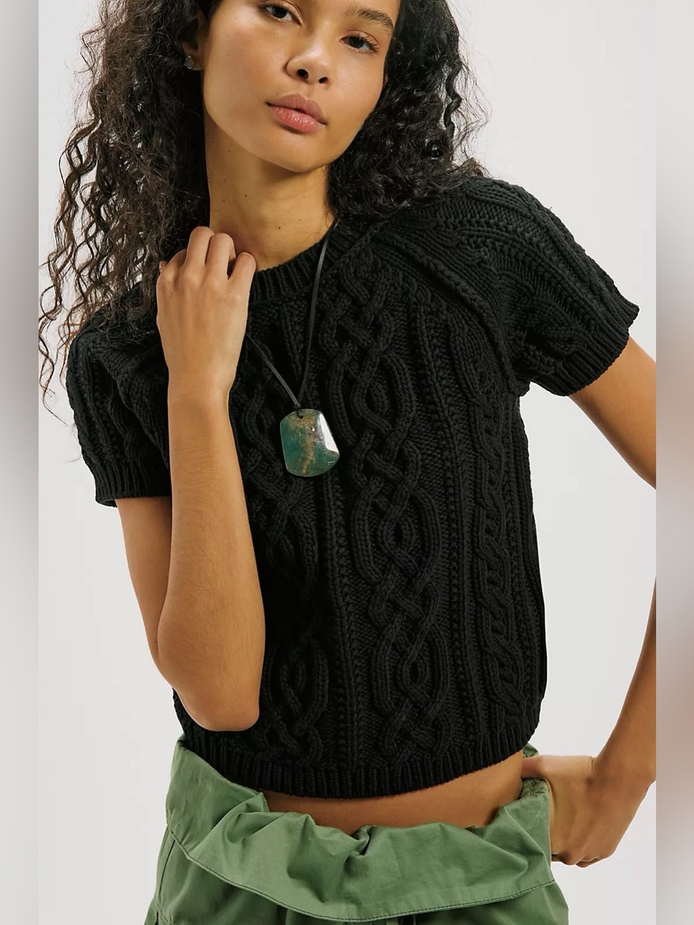 Free People Bubblegum Cable Knit Pullover in black size medium